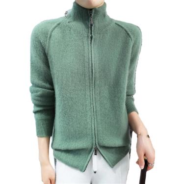 Imagem de Cardigan De Lã Merino Para Mulheres Com Gola Alta Com Zíper Duplo Tricô De Cor Sólida, Pine En8, L