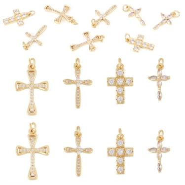 Imagem de Pingentes Pandahall 8 peças de zircônia cúbica de cruz real 18 K banhado a ouro real metal minúsculo crucifixo cristal strass pingentes com anel de salto para colar de Páscoa DIY brincos pulseiras