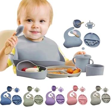 Imagem de Kit Introdução Alimentar Bebê 8 Peças Silicone – Prato, Colher, Garfo, Copo, Pote | Antibacteriano, Atóxico, BPA Free Crianças 6+ Meses Lilás