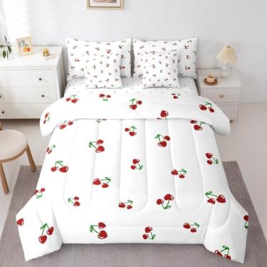 Imagem de Erosebridal Jogo de cama solteiro com estampa de frutas tropicais kawaii cereja vermelha, 7 peças, para decoração de quarto de crianças, adolescentes e adultos, conjunto de lençol com edredom