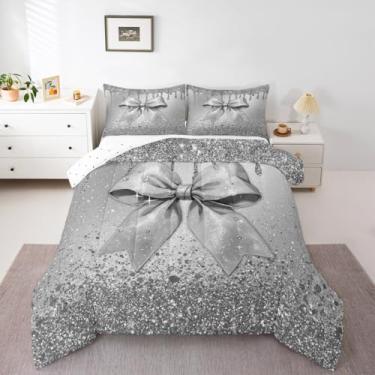 Imagem de Conjunto de cama solteiro com laço de aquarela, cinza, com glitter, sem glitter, para decoração de quarto de meninos, meninas, adolescentes, conjunto de edredom fofo com laço de microfibra macia e 1