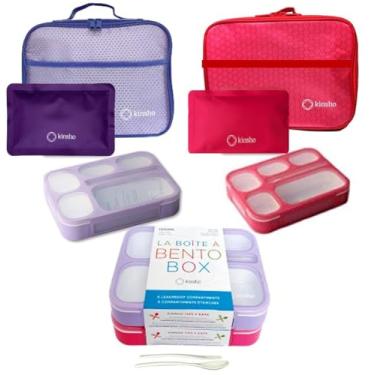 Imagem de Conjunto de 2 caixas Bento com sacos e pacotes de gelo. Lancheira para crianças, meninos, meninas e adultos. 6 compartimentos, recipiente com porção à prova de vazamento, bolsa isolada para almoços