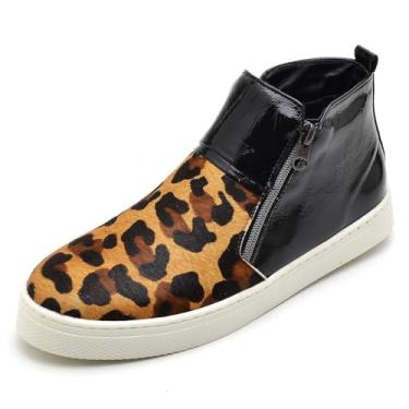 Imagem de Tenis Bota Casual Feminino Couro Cano Medio Ziper Estampa Onça Palmilha Conforto Academia Tamanho:36;Cor:Preto;Gênero:Feminino;Departamento BS:Esporte
