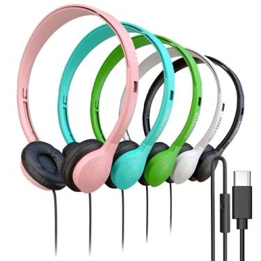 Imagem de Pacote com 10 fones de ouvido com fio, couro, USB-C, microfone, compatível com telefone, tablet, laptop, PC para escola, aula, reunião, conferência, teste, mistura