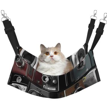 Imagem de Coleção de câmera retrô para gatos, rede macia para pendurar na gaiola, cama macia para animais de estimação, com alças ajustáveis e ganchos de metal, cama dupla face reversível, rede de dormir macia