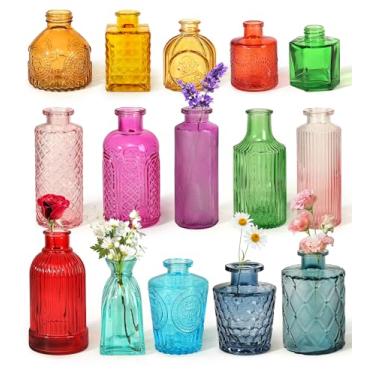 Imagem de Conjunto de 15 vasos de vidro coloridos – pequenos vasos de flores texturizados para centros de mesa, decoração de mesa de casamento, decoração retrô para casa, conjunto de vasos a granel para