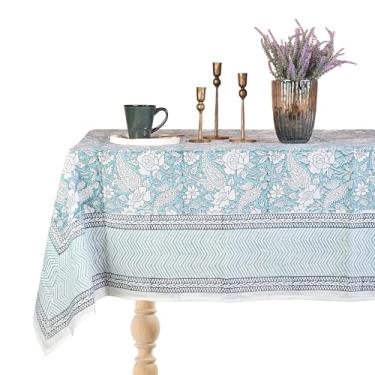 Imagem de Perilla Home Toalha de mesa multicolorida 100% algodão 152 x 272 cm | Toalha de mesa retangular com estampa bloco de mão para 6 lugares | Toalha de mesa lavável para outono, decoração, Natal, Ação de