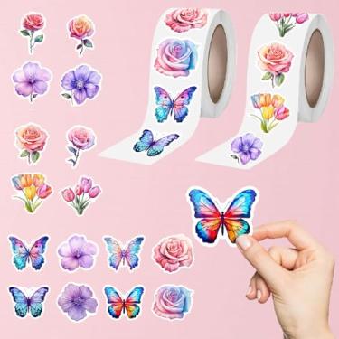 Imagem de 1000 peças de adesivos de borboleta de flor rolo 16 estilos coloridos verão rosa floral decalques 3D lindos adesivos de rolo de tulipa para festas, paredes, álbuns, envelopes, decalques de presente de