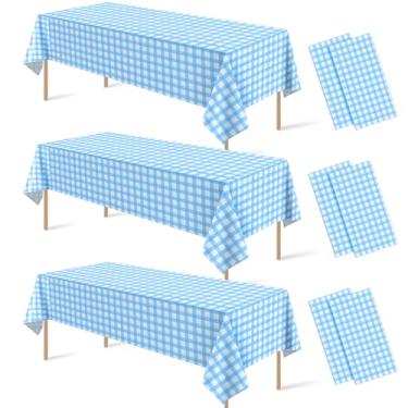 Imagem de 6 peças de decoração de toalha de mesa azul claro guingão, toalha de mesa xadrez azul de plástico descartável, capa de mesa xadrez búfalo para piquenique ao ar livre, cozinha, artigos de festa de