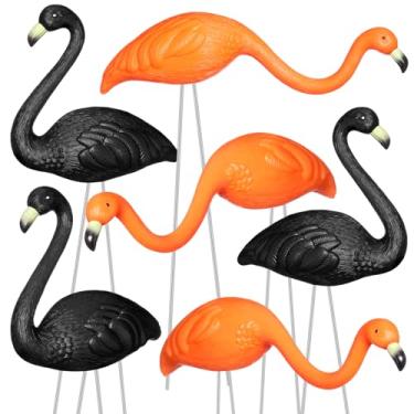 Imagem de Geelin 6 peças de estacas de jardim de flamingo de Halloween, decorações de jardim de flamingos laranja preto, flamingos assustadores de plástico de 63,5 cm de altura para enfeites de gramado de