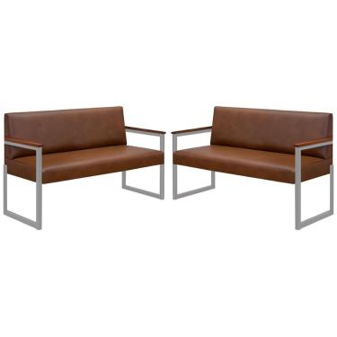 Imagem de Conjunto 2 Sofás De 2 Lugares Niterói Couro Marrom Em Metal Champanhe
