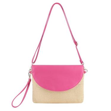 Imagem de Bolsa de ombro feminina de palha casual para praia, Vermelho rosa, One Size, Bolsa de ombro