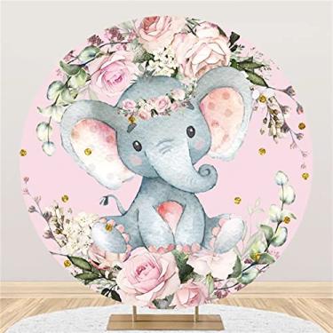 Imagem de Yeele 2,3 x 2,3 m, elefante chá de bebê, pano de fundo redondo para meninas, flores rosas, bolinhas douradas, folhas rosas, fundo fotográfico para chá de bebê, artigos de festa de 1º aniversário de 2