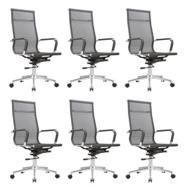 Imagem de Kit 6 Cadeiras para Escritório Presidente Giratória Aço Cromado Sidney Cinza