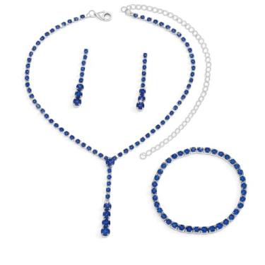 Imagem de Conjunto Colar Brinco Pulseira Zircônia Cúbica Prata Minimalista - Noiva Casamento Festa Formatura Debutante - Presente Mãe Namorada Amiga - Sofisticado Réveillon Ano Novo (Azul)