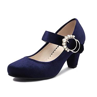 Imagem de Elerhythm Sapatos femininos Mary Janes década de 1920 retrô bloco de veludo Gatsby anos 1950 vintage fechado bico redondo fivela pérola tira no tornozelo fantasias anos 20 elegantes sapatos de cosplay melindrosa, Azul aveludado, 6