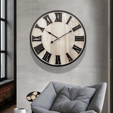 Imagem de Relógios de parede grandes, relógio de parede de casa de fazenda silencioso de madeira sem tique-taque para decoração de sala de estar com algarismos romanos 3D para entrada, casa, escritório