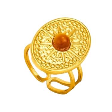 Imagem de BlingNook Anéis de ouro grossos para mulheres e homens, anel moderno de aço inoxidável boêmio com flor de sol empilhável, não mancha, pingente floral boêmio, joia aberta ajustável, presente para