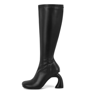 Imagem de pinokino Botas de cano alto femininas de salto alto 9,5 cm couro PU salto curvado retrô para roupas de outono inverno, festa, clube, estilo urbano e desfile de moda, Preto, 43