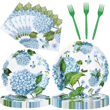 Imagem de Conjunto de utensílios de mesa de hortênsia azul com 100 peças – Louça descartável com tema floral com pratos de papel, guardanapos e garfos para aniversários, casamentos, festas no jardim – Serve 25