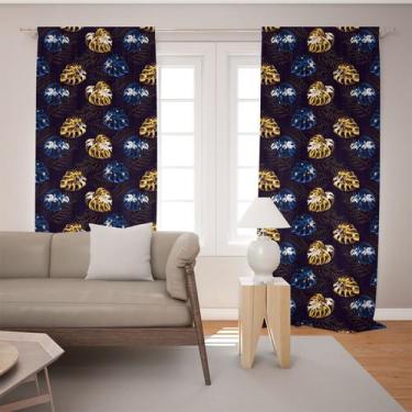 Imagem de Cortina Tecido Oxford Sala Folhas Brilhantes Dourado e Azul - 140x220c