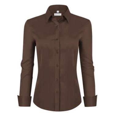 Imagem de Camisas femininas com botões, siliteelon, manga comprida, marrom