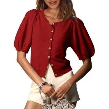 Imagem de Cardigan Saodimallsu Puff de manga curta para mulheres vinho tinto