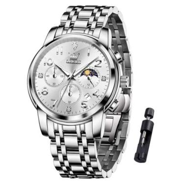 Imagem de OLEVS Relógio masculino luxuoso, clássico, grande, mostrador grande, relógio de pulso masculino, de aço inoxidável, à prova d'água, à prova d'água, todos os dias, fácil leitor, data, fase da lua