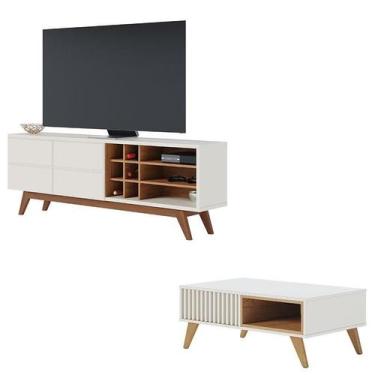 Imagem de Rack Bancada Noronha 1.8 Off White Matte Freijó com Mesa de Centro Jer