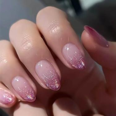 Imagem de RUOKEXIN Pregos postiços femininos de amêndoa curta, roxo ombré, unhas postiças com desenhos de glitter, cola nas unhas, unhas curtas de amêndoa, unhas artificiais brilhantes, 24 peças