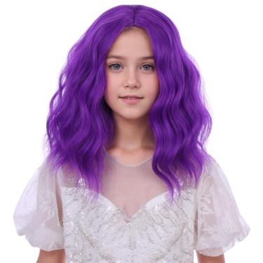 Imagem de WAVELNM Peruca infantil roxa escura infantil curta roxa bob peruca feminina solta encaracolado ondulado peruca sintética parte lateral infantil perucas sintéticas para uso diário de festa de Halloween