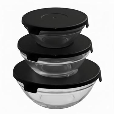 Imagem de Kit 3 Potes de Vidro Redondos com Tampa Plástica e Trava - Conjunto de Tigelas para Armazenamento, Marmita, Preparação de Refeições e Sobras - Capacidade 200ml, 400ml, 550ml (Preto)