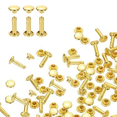 Imagem de HARFINGTON 100 conjuntos de rebites de tampa dupla, 6 x 10 mm, aço carbono, cabeça redonda, parafusos, parafusos tubulares de metal para decoração de artesanato em couro, ouro