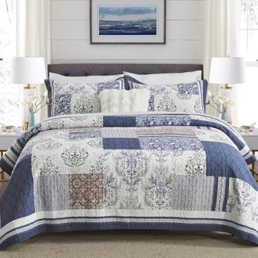 Imagem de KALOOLA Conjunto de colcha king size 100% algodão – Colcha acolchoada vintage leve com 2 fronhas, estampa reversível, estampa floral, xadrez, edredom fino para todas as estações, azul/branco/marrom