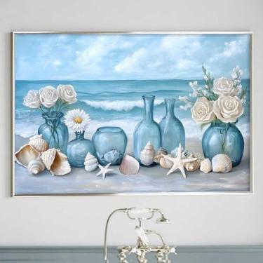Imagem de Arte de parede abstrata azul praia paisagem marítima azul vaso floral costeiro impressões pintura concha praia banheiro impressões moderna costeira arte à beira-mar arte de parede cena do mar 40 x 61