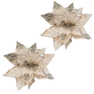 Imagem de Kit 2 Flores Bico de Papagaio Natal Pick Veludo Champanhe Glitter e Lantejoulas Luxo 28cm