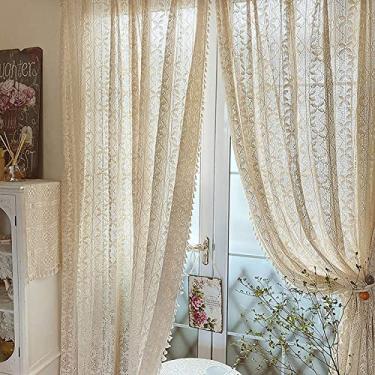 Imagem de Cortina opaca Mac;;;;;;;; Cortina de algodão de croché com borla, cortinas de janela de tricô elegantes, cortinas bege de quinta cortinas semi-opacas para quarto e sala de estar, 1 peça - bege