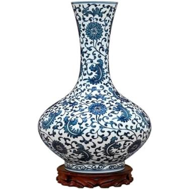 Imagem de AKALNNB Vaso de cerâmica para decoração de casa, novo vaso de flores chinês pintado à mão azul e branco, vaso de flores grande de 33,4 cm, vasos de arranjo de flores com base