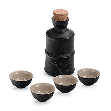 Imagem de JOEUQK Conjunto de saquê de cerâmica, conjunto de copos de saquê de 5 peças, conjunto de artesanato de cerâmica ChinTraditional Sake com 1 garrafa de servir saquê, 4 xícaras de saquê