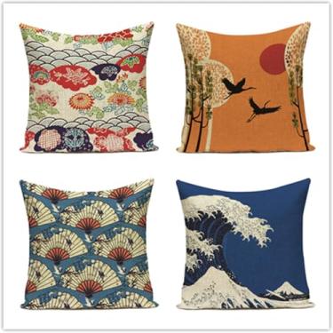 Imagem de Conjunto De Capas De Almofada De 4 Capas De Almofada 50x50cm Ondas Japonesas Capas De Almofada De Linho Quadradas De Dupla Face Pacote De 4 Para Com Zíper Invisível, Para Ca, Soft, 60x60 cm