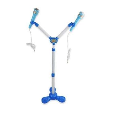 Imagem de Kit Microfone Infantil Duplo Com Pedestal Conecta No Celular Som E Luz De Led Karaoke Rock Hero Squad Menino