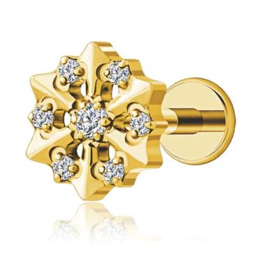 Imagem de FLORA PIERCING LABRET TITÂNIO PVD FLOR ZIRCÔNIA CRAVEJADA PIERCING ORELHA TRAGUS HELIX CONCH MODA FEMININA 1.2X8 (DOURADO)