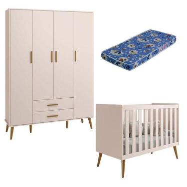 Imagem de Berço Americano e Guarda Roupa Infantil 4 Portas Isis Rosa Acetinado c