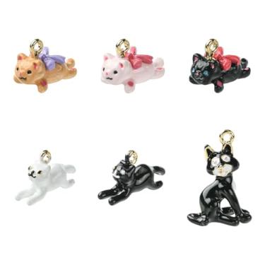 Imagem de UR URLIFEHALL 6 peças, pingentes de gato esmaltados, 6 cores, adorável animal de estimação, berloques de animais fofos para colar faça você mesmo, pulseira, chaveiro, fabricação de joias