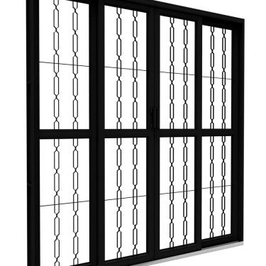 Imagem de Porta de Aço de Correr Central com Grade Mosaico 4 Folhas 213x200 Riobras Aço Pronto Preto