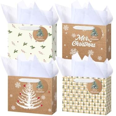 Imagem de AmazingSpark 16 sacos de papel kraft para presente de Natal com alças de etiquetas de papel de seda grandes sacos de Natal com alça de fita para embrulho de presente, 24 x 19 x 10 cm (elegante)