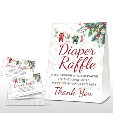 Imagem de Jogo de sorteio de fraldas de Natal, placa de jogo de chá de bebê de Natal, lembrancinhas de festa neutra de gênero de árvore de Natal, lembrancinhas de decoração de festa de inverno (1 placa + 50