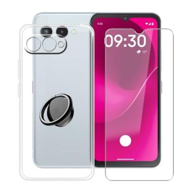 Imagem de YQINHHME Capa transparente para T-Mobile Revvl 8 (16.7 cm) com 1 x vidro temperado + suporte de anel de metal para celular de 360°, capa fina de silicone macio de grau militar TPU à prova de choque