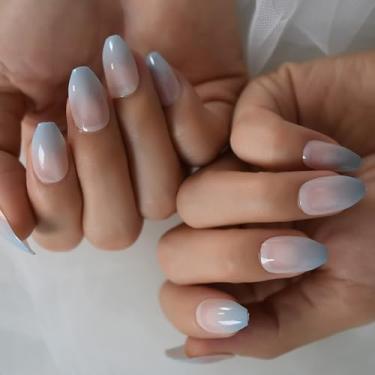 Imagem de Kit de acrílico para decoração de unhas, ponta de unhas postiças de caixão médio azul ombre, inclui 1 conjunto de unhas, 1 mini lima, 1 adesivo de unha, 1 bastão de madeira