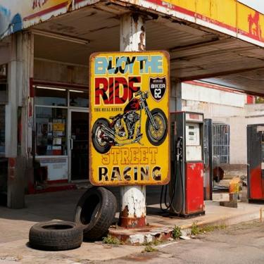 Imagem de 1 peça de placa de metal retrô para motocicleta arte de parede vintage Chopper Bobber Street Racing Decor Enjoy The Ride Interstate Biker 62 Home Garage Man Cave Posters Prints, amarelo, 30 x 15 cm